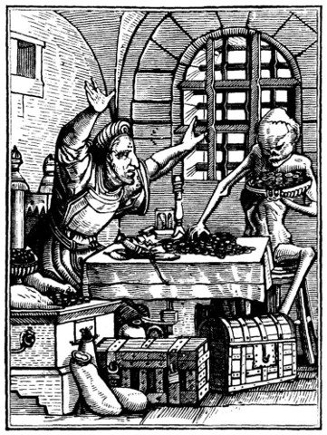 The Rich Man, from Hans Holbein's The Dance of Death, via https://www.gutenberg.org/files/21790/21790-h/21790-h.htm